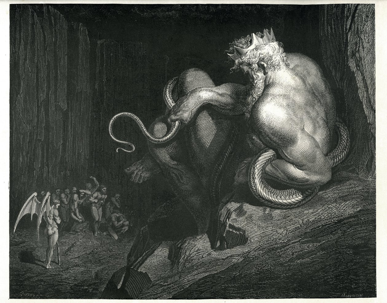 Minos, juge infernal au seuil du deuxième cercle — Dante, Enfer, Chant V (gravure de Gustave Doré).